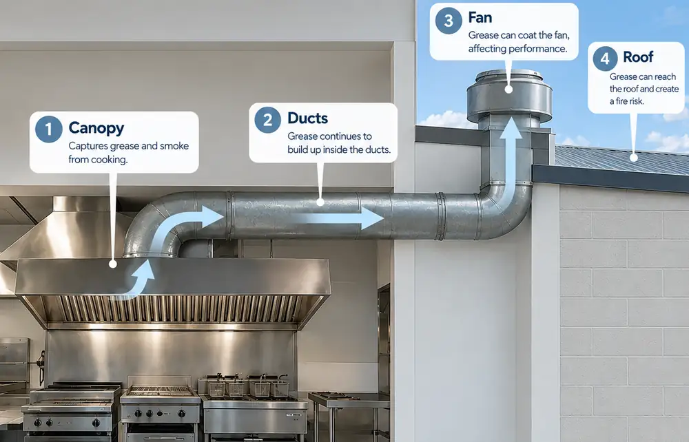 Diagram of a commercial kitchen exhaust system showing grease travelling from the canopy, through the ducts, to the exhaust fan and roof